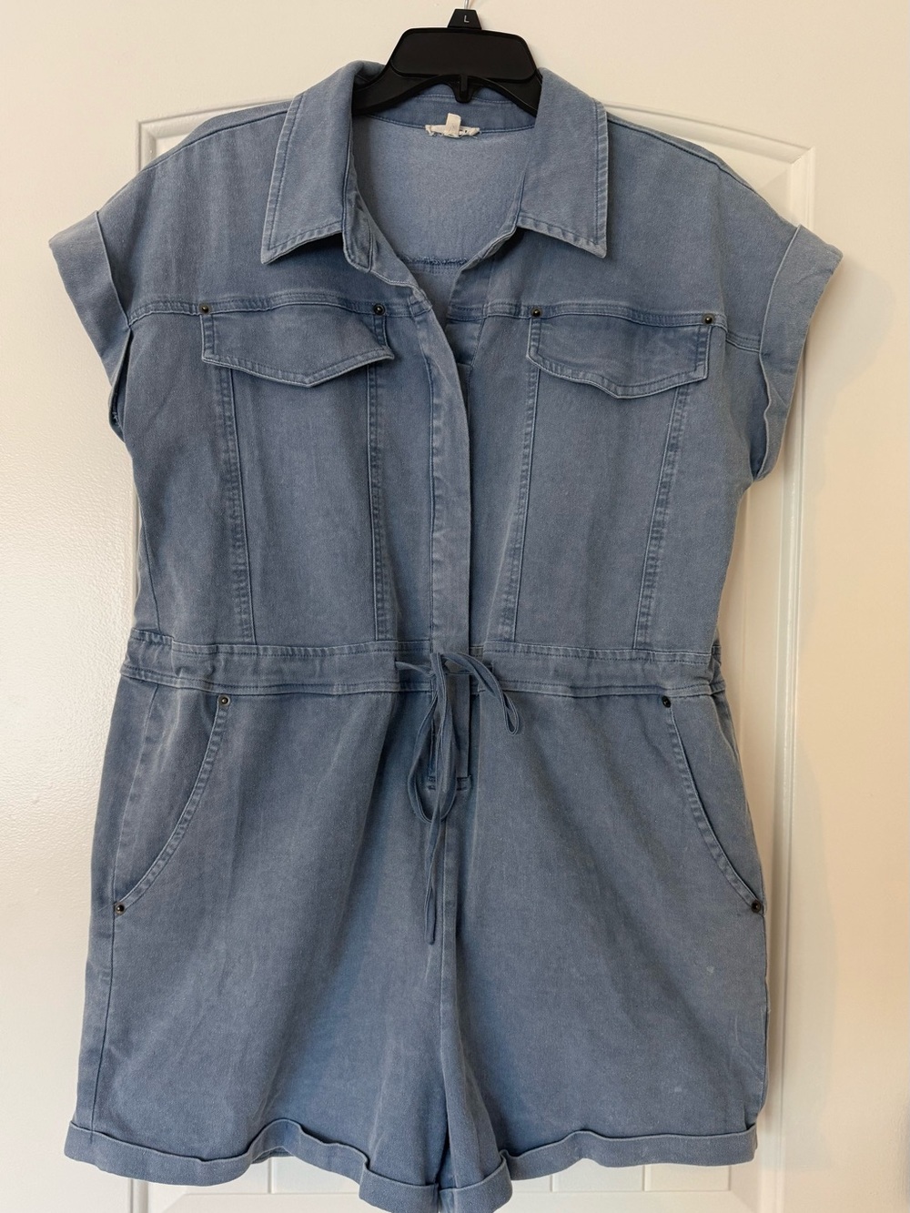 Jodifl Light Wash Denim Romper with Drawstring Waist - Large